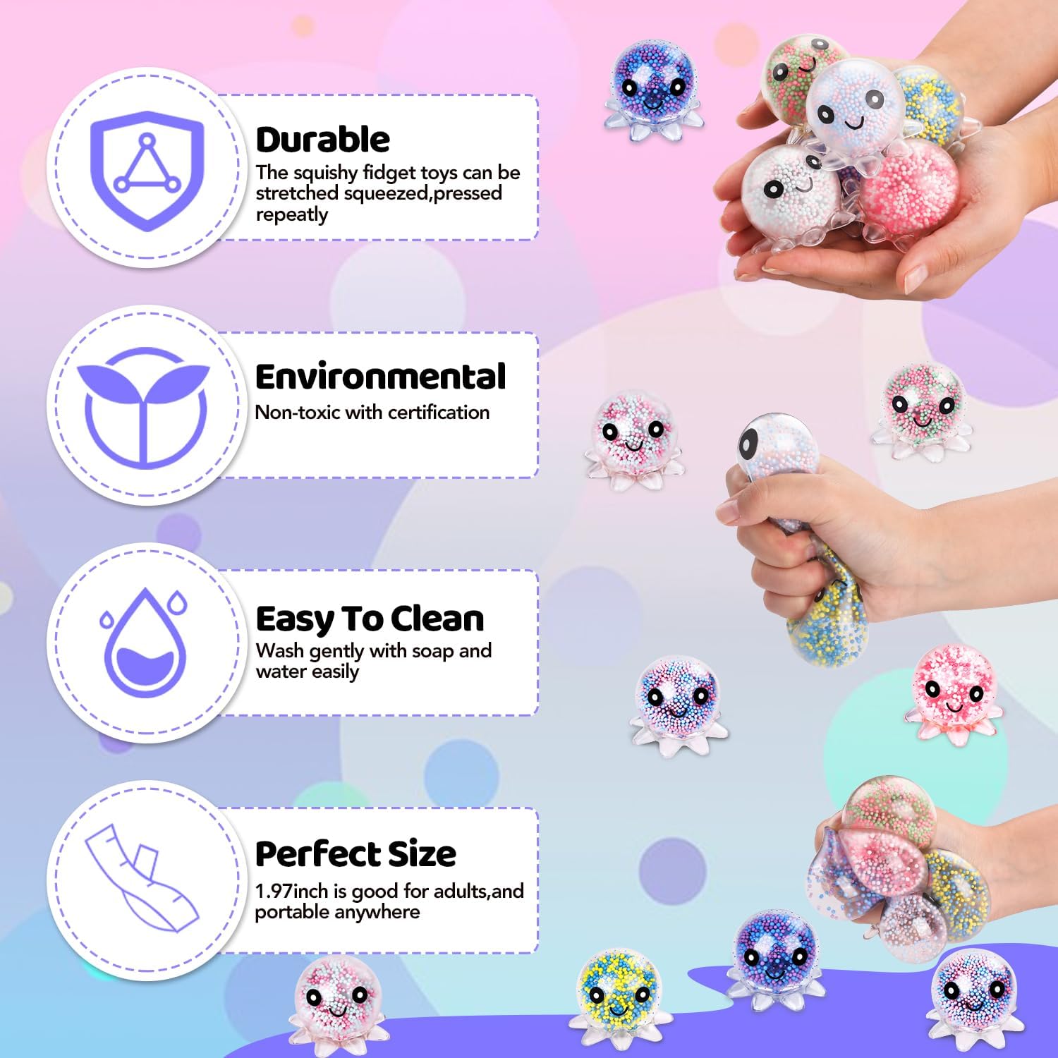 Skiennix Fidget Stress Balls - 12 Pack Cute Octopus Squeeze Balls for Stress Relief & Party Favors