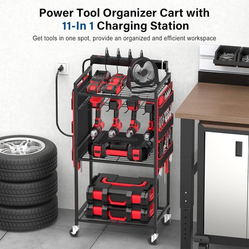 JUNNUJ Garage Tool Organizer Cart - Heavy Duty Rolling Storage with 8 Outlets & 3 USB Ports | Ideal for Power Tools