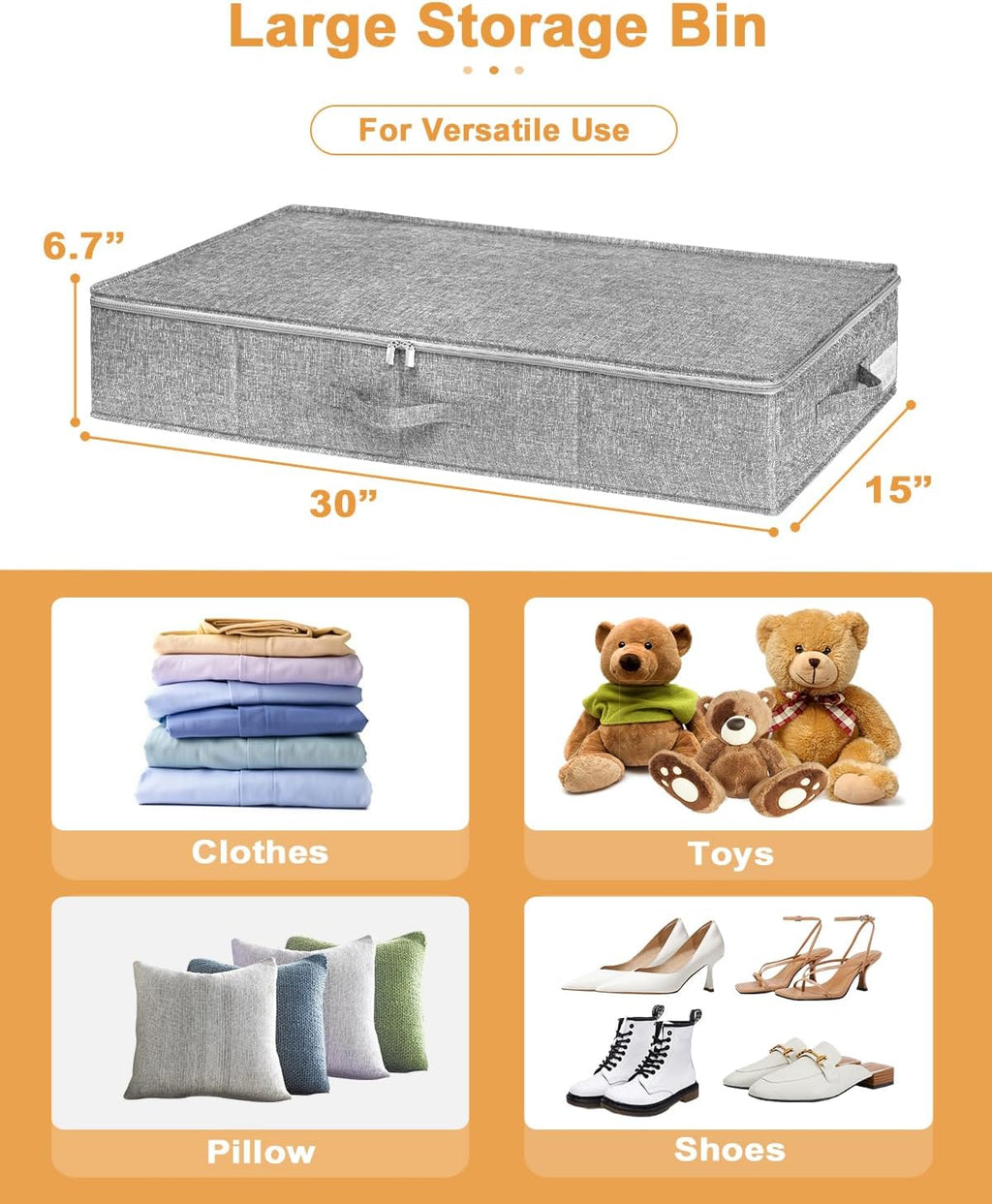 Under Bed Storage | 2-Pack Foldable Container Bags with Lid - Sturdy Clothes Organizer, 30x15x6.7 Inch, Grey