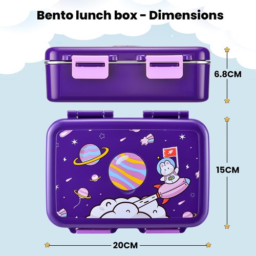 Bento Box for Kids – 3-Compartment Kids Bento Lunch Box with Leak-Proof Lid, Spoon & Stainless Steel Tray – 20 x 15 x 6.8 cm BPA-Free, Dishwasher Safe - Fun Space Design for School & Travel (Purple)