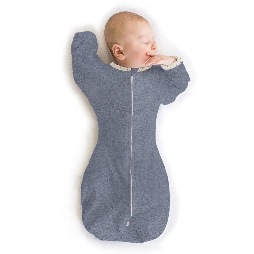 SwaddleDesigns Transitional Swaddle Sack - Arms Up Half-Length Sleeves & Mitten Cuffs | Medium 3-6 Months, Heathered Denim