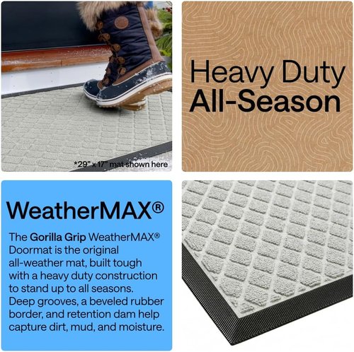 GORILLA GRIP Waterproof All-Season Doormat - Natural Rubber, Stain & Fade Resistant, 23x35, Light Gray