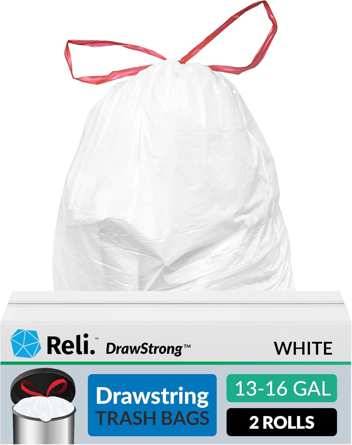Reli. Drawstring Trash Bags - 250 Count Tall Kitchen Garbage Bags | 13-16 Gallon Capacity, White