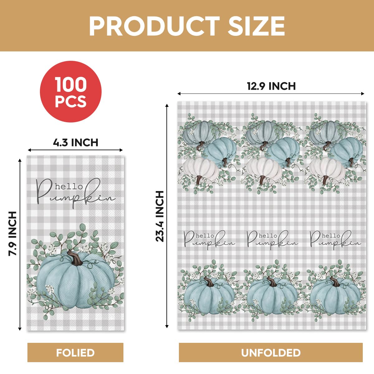 Horaldaily 100 Fall Disposable Paper Decorative Guest Napkins, Thanksgiving Buffalo Plaid Blue Pumpkin Hand Towel for Party Lunch Dinner Kitchen Bathroom