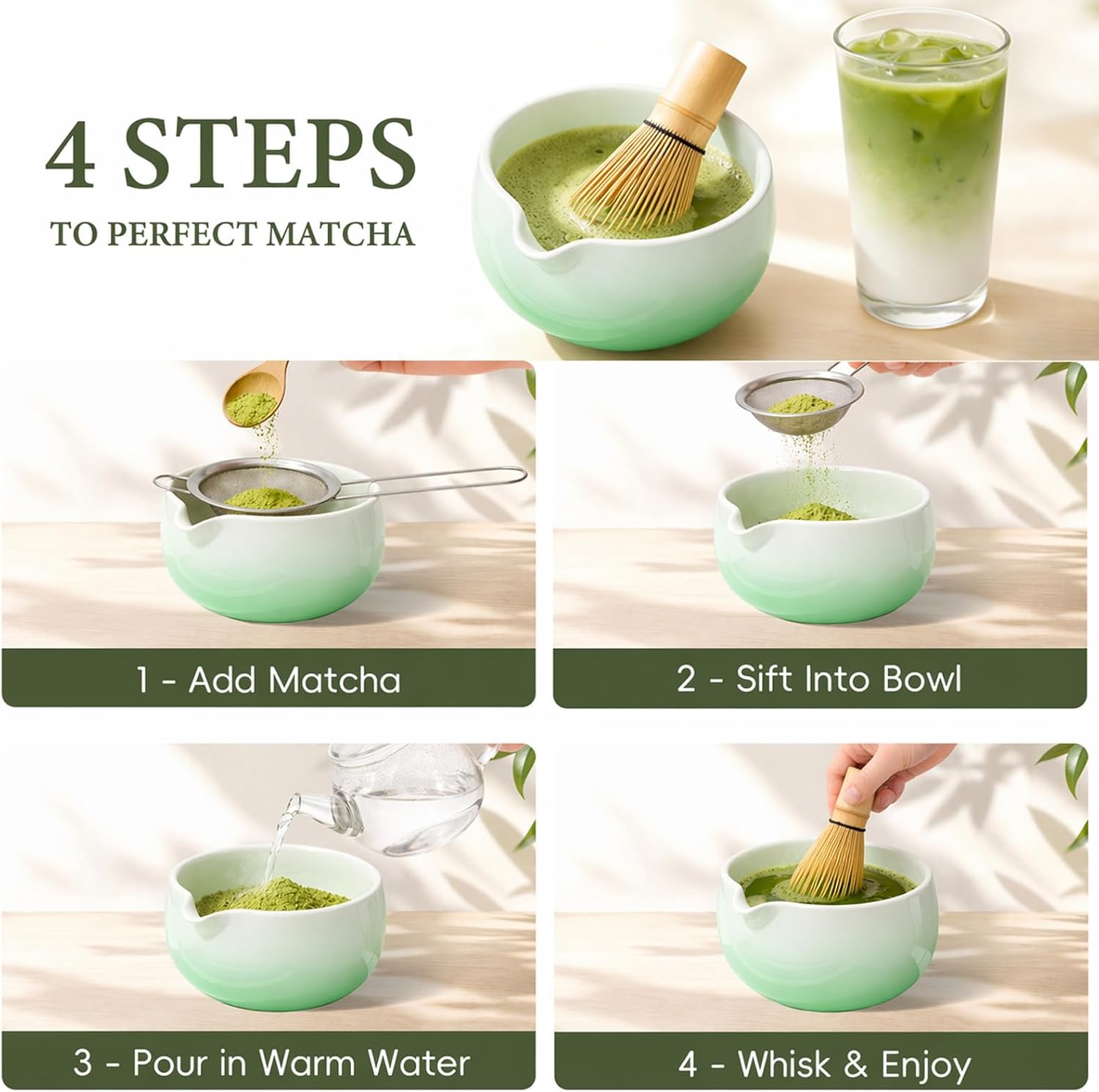 Skiennix Matcha Whisk Set - Complete 6PCS Ceramic Kit with Bowl, Bamboo Whisk, Scoop & Sifter (Green)