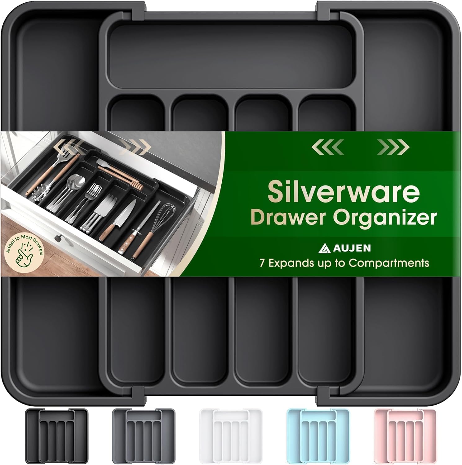 Aujen Silverware Organizer - Expandable Cutlery Tray for Forks & Knives | Adjustable Kitchen Storage, Black Medium