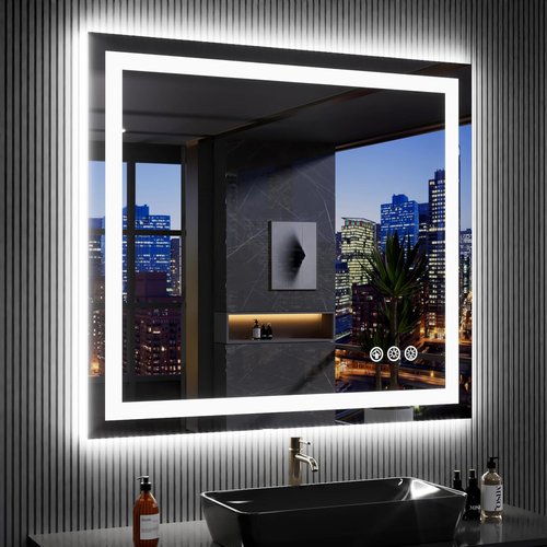 LOAAO LED Bathroom Mirror - 40" x 36" Dimmable, Anti-Fog, RGB Backlit & Front Lighted, Waterproof Glass