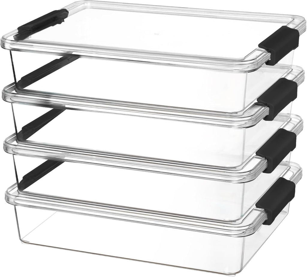 Vtopmart 6 Qt Plastic Storage Bins - Clear Stackable Containers with Lids for Home, Office & Crafts | 4 Pack, Black