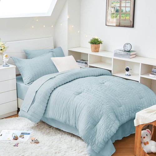 HYMOKEGE Twin XL Comforter Set - Luxury 5-Piece Seersucker Bedding in Lake Blue for All Seasons