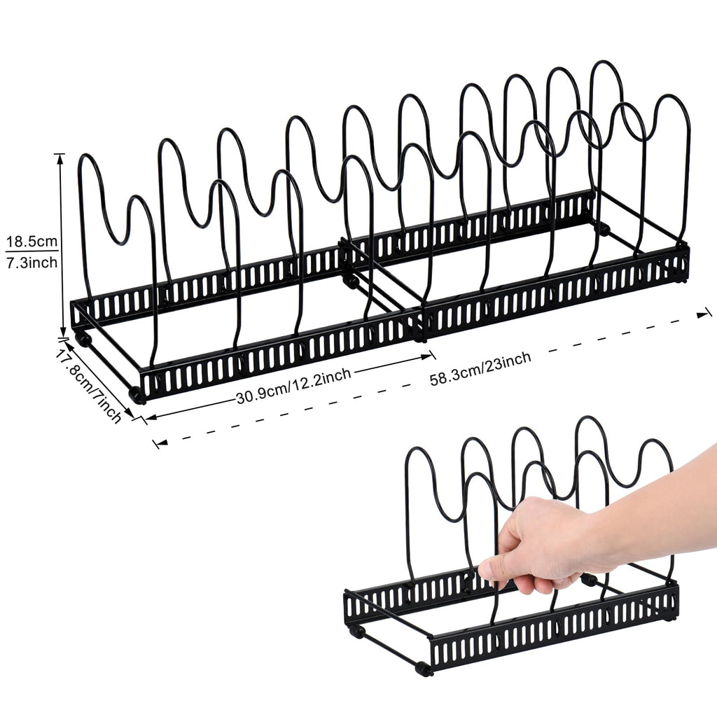 Toplife Pots and Pans Organizer Rack for Cabinet and Countertop, 10+ Pot Lids, Bakeware and Cookware Holder with 10 Adjustable Compartments - Black