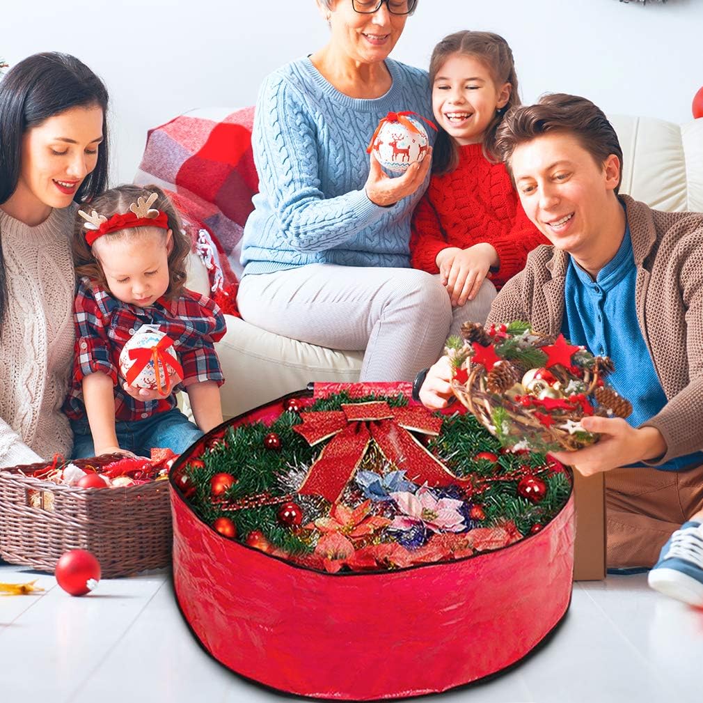 ProPik Christmas Wreath Storage Bag - Heavy-Duty Tear Resistant Holiday Container | 24” X 8” (Red)