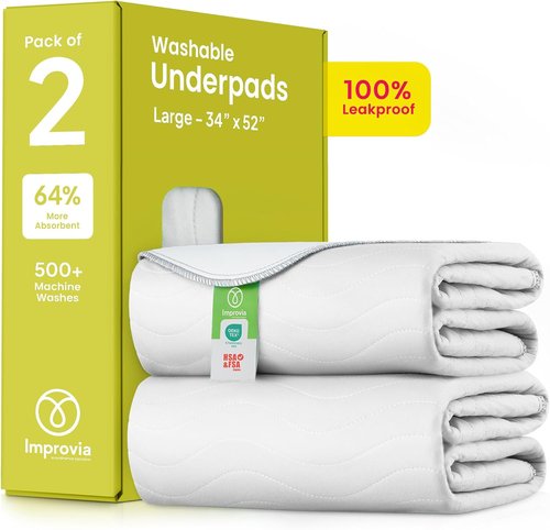 IMPROVIA® Washable Underpads - Heavy Absorbency Reusable Incontinence Pads for Kids, Adults & Pets | Waterproof Protection (2 Pack - 34x52)