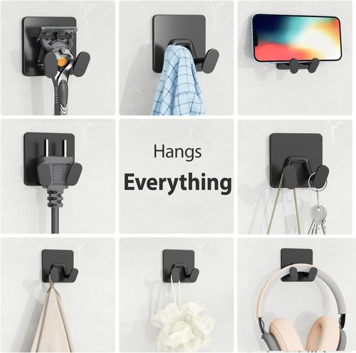 Adhesive Shower Hooks - Extra Sticky Stainless Steel Double Hooks for Razor, Loofah, Towel | Matt Black, 4-Pack