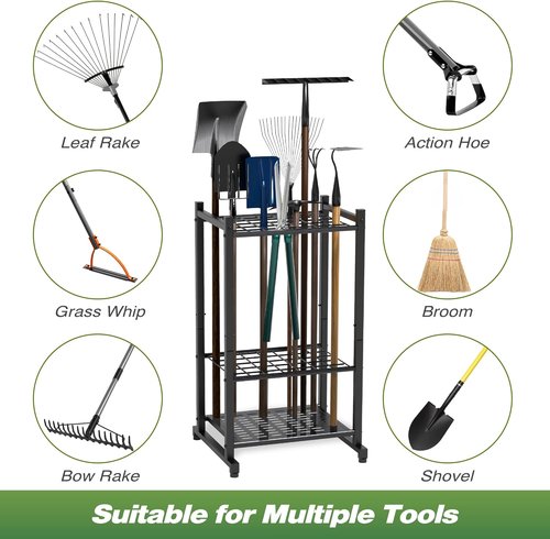 Garden Tool Organizer - Heavy Duty Steel Yard Tool Rack for Up to 35 Long-Handled Tools | Black