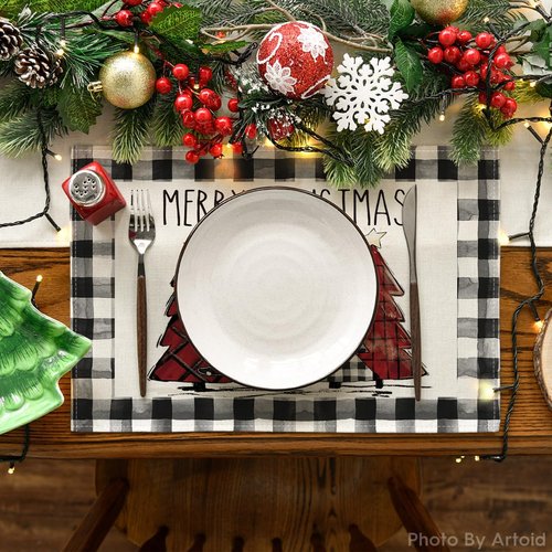 Artoid Mode Waterclor Buffalo Plaid Christmas Trees Placemats Set of 12, 12x18 Inch Winter Table Mats for Outdoor Home Party Kitchen Dining Decor