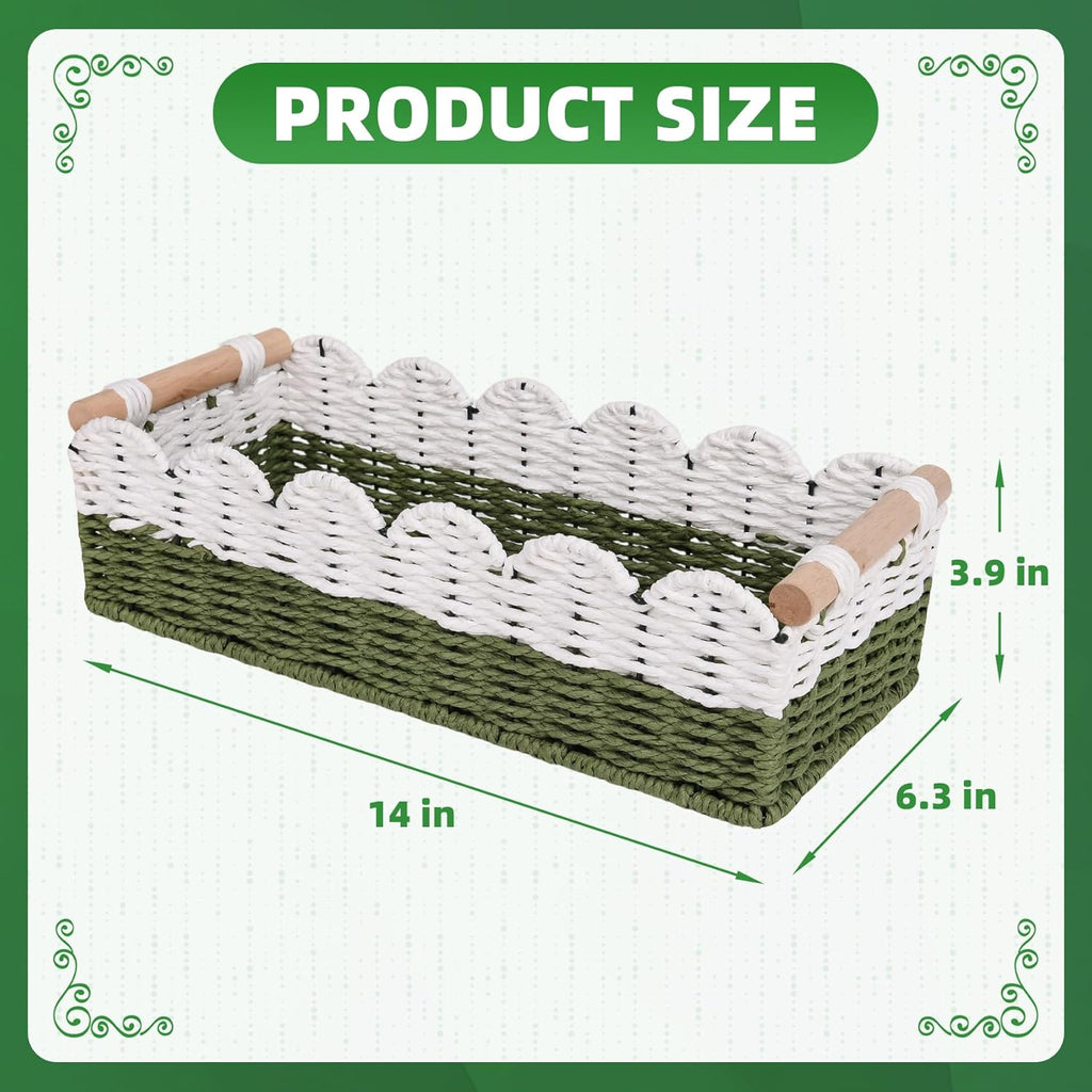 Regine Switzerland Scalloped Edge Toilet Paper Storage Basket - Handwoven Paper Rope Design | Small Size with 2 Wooden Handles