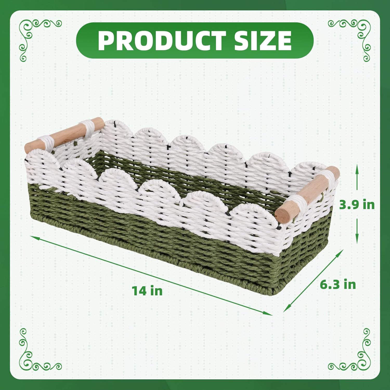 Regine Switzerland Scalloped Edge Toilet Paper Storage Basket - Handwoven Paper Rope Design | Small Size with 2 Wooden Handles