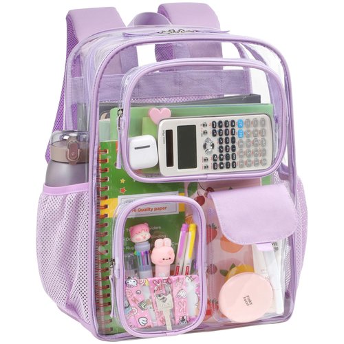 PACKISM Clear Backpack for School Work - 17 inch Heavy Duty Clear Bookbag with Reinforced Bottom, Transparent PVC See Through Security Backpacks for Students with 3 Front Pockets,Purple (Age 12+)
