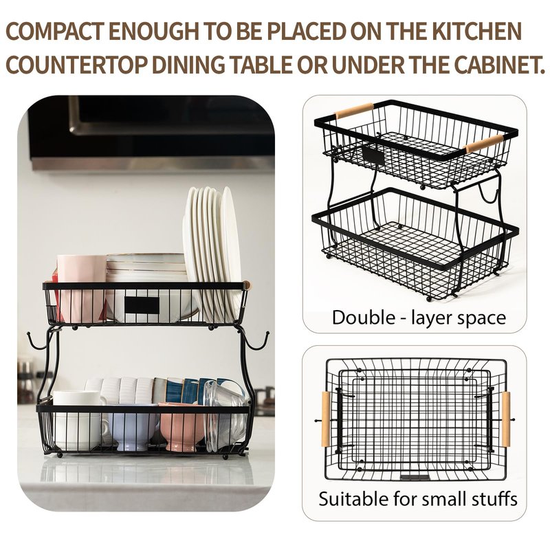 FRUVAN 2 Tier Fruit Basket with 2 Banana Hangers, Fruit Bowl for kitchen counter with Wooden Handle, Detachable Large Capacity Fruit Holder Stand for Vegetable Bread Snack Produce Storage