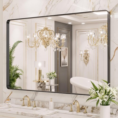 LOAAO Black Metal Framed Bathroom Mirror - 48x40 Inch Large Rounded Rectangle, Anti-Rust Tempered Glass