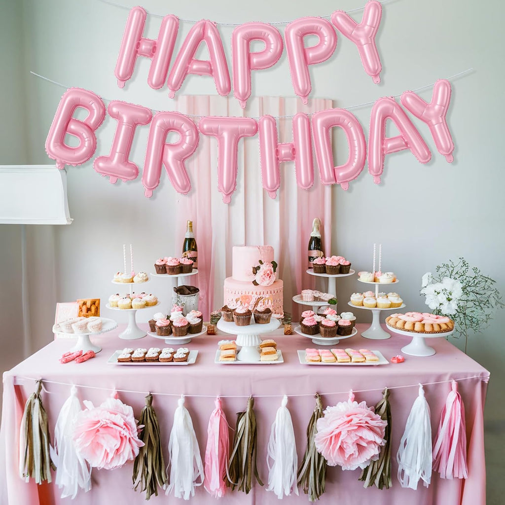Skiennix Pink Happy Birthday Balloon Banner - 16 Inch Pastel Pearl Mylar Foil Balloons for Party Decor
