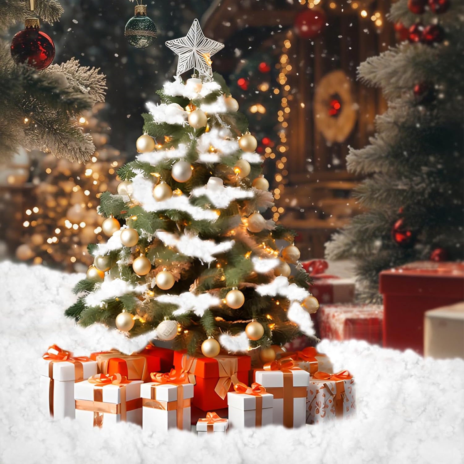 Skiennix Christmas Fake Snow Decor - Fluffy Fiber Artificial Snow Blanket for Indoor Decorations | 5.3 OZ