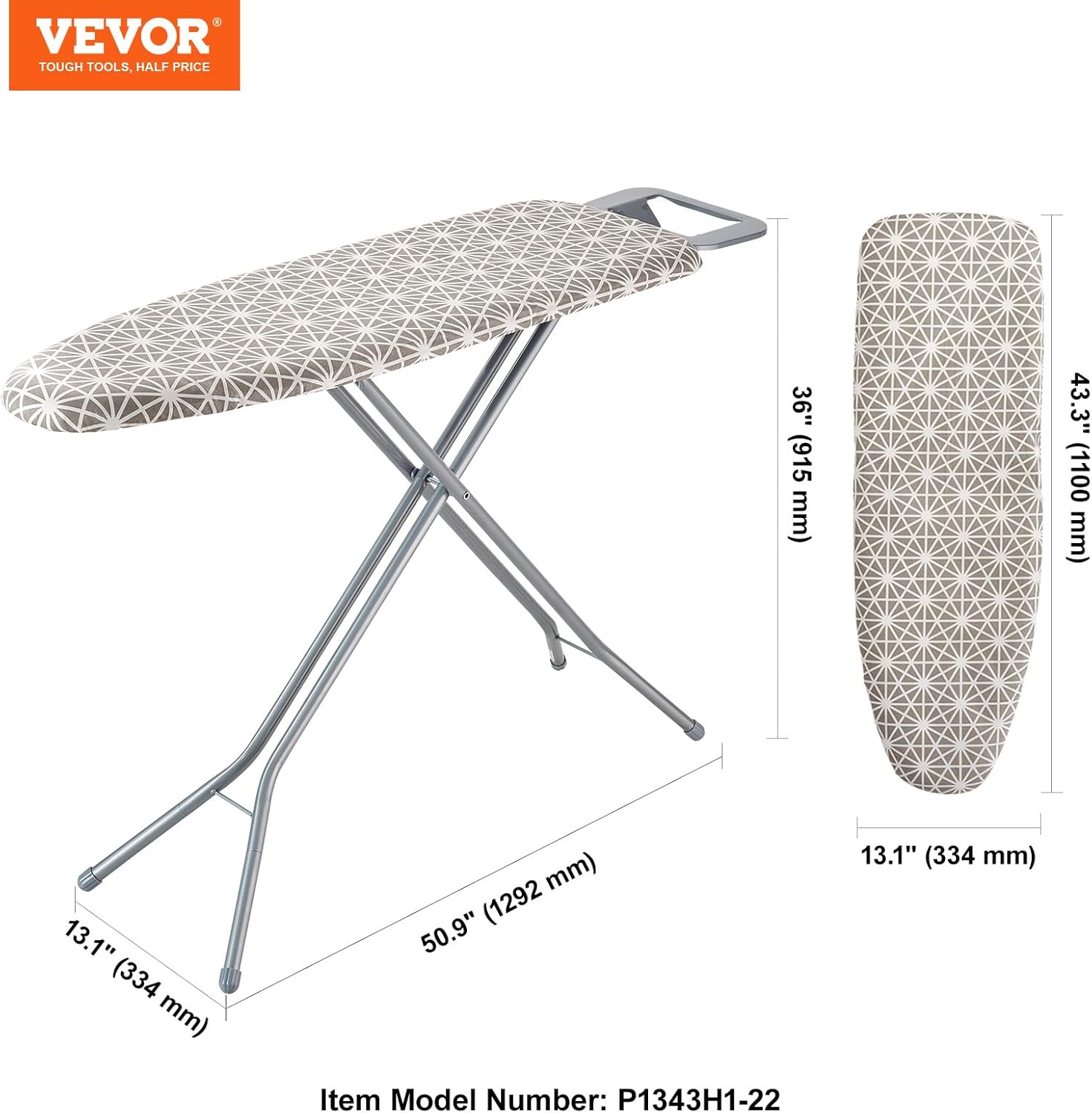 VEVOR Ironing Board - Large 43" x 13" Surface | 7 Adjustable Heights & Heat Resistant Cover