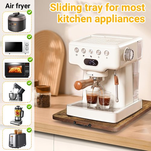 Sliding Tray for Coffee Maker, 360° Rotating Appliance Slider for Kitchen Appliances, Wooden Sliding Tray Suitable for Kitchen Countertops and Kitchen Appliances.(Brown, Large)