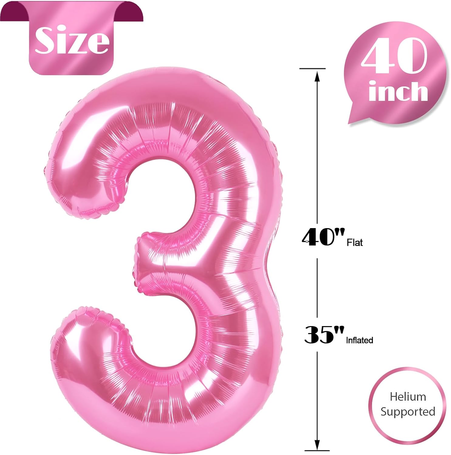 Pink Number 3 Balloon - 40 Inch 3rd Birthday Celebration Decoration for Girls & Boys
