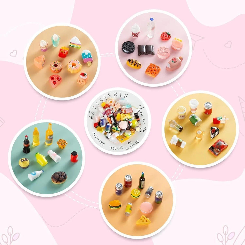 Skiennix Miniature Food & Drink Bottles - 50 Pcs for Dollhouse Play | Includes Soda Cans & Desserts