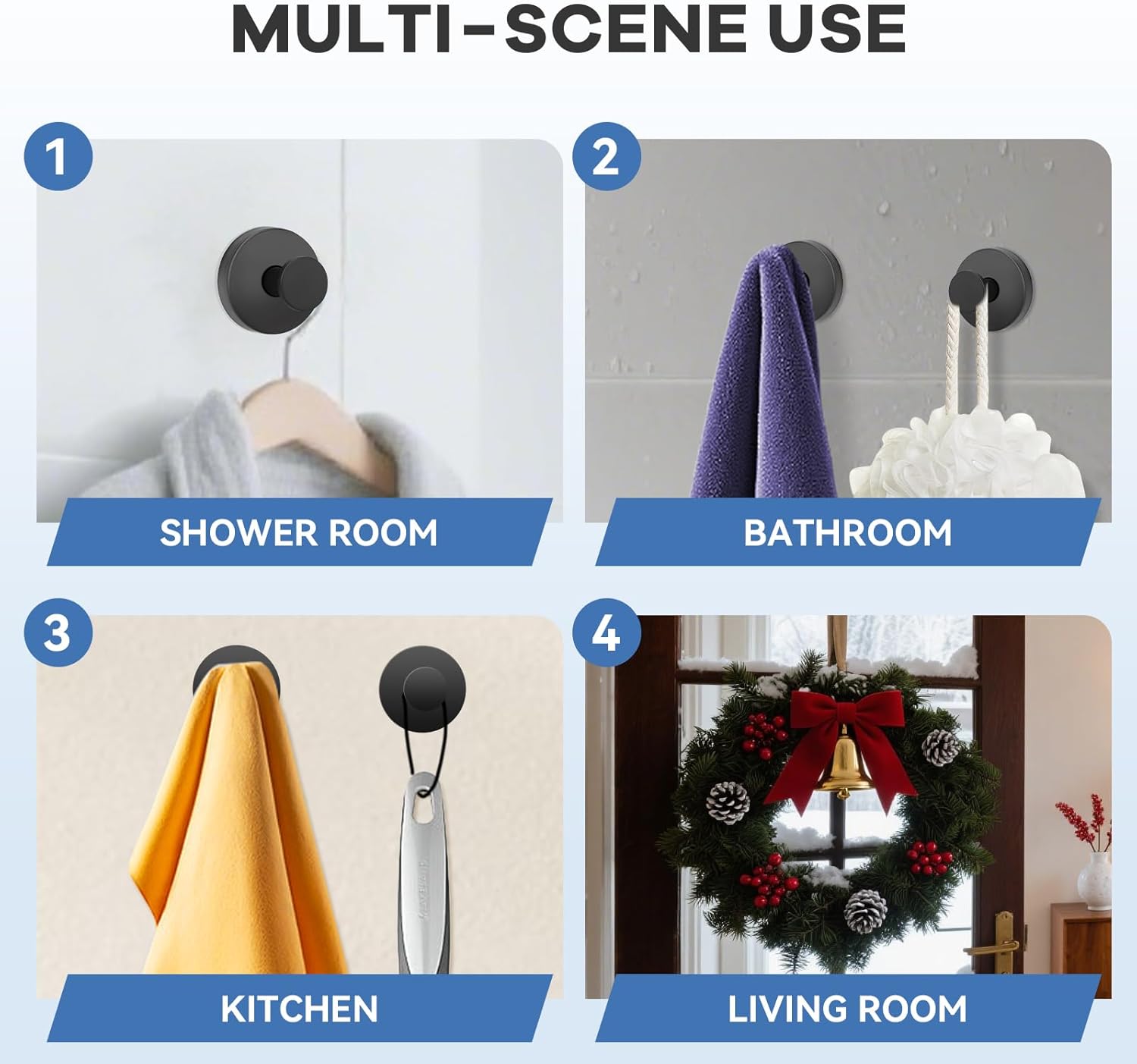 Skiennix Suction Cup Hooks - Waterproof No-Drill Bathroom & Shower Organizer | Black, 4-Pack