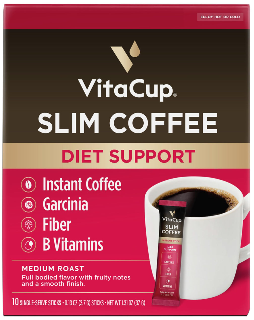 VitaCup Slim Instant Coffee Packets, with Garcinia, Fiber, B Vitamins, Bold & Smooth, Medium Dark Roast, 100% Arabica Coffee in Single Serve Sticks, 10 Ct