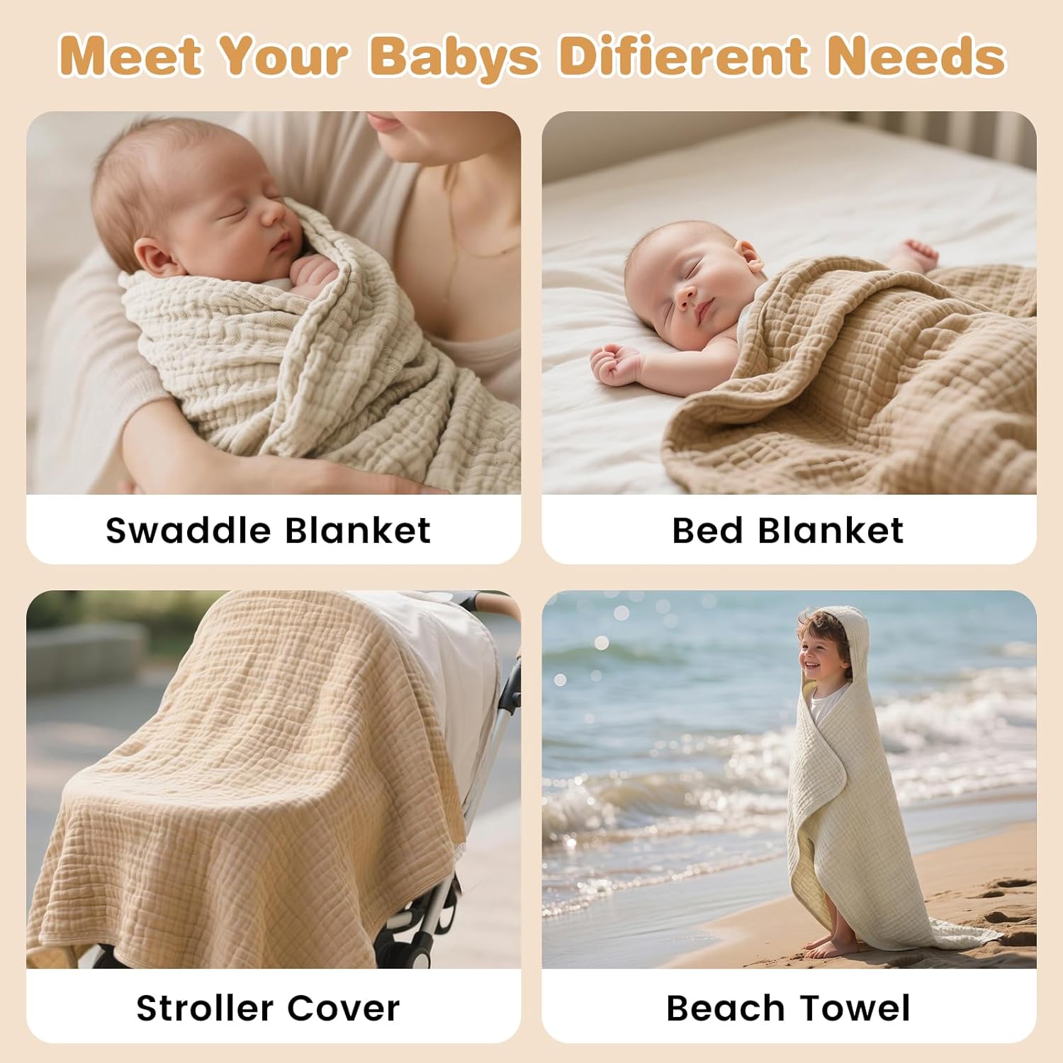 Skiennix Hooded Baby Bath Towels - 6-Layer 100% Muslin Cotton, Soft & Absorbent, Large 32x32 Inch, 2 Pack