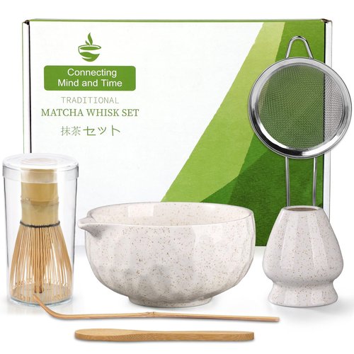 Boosolo Matcha Whisk Set, 6 Pcs - White, Bamboo, Traditional Japanese Matcha Kit with Bowl, Whisk, Holder, Scoop, Spoon, Sifter