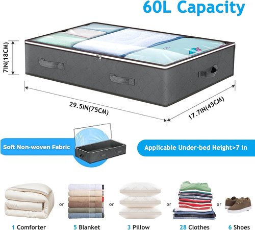 Budding Joy 60L Under Bed Storage Containers - Clear Lids & Foldable Closet Organizers for Clothes, Blankets, Shoes