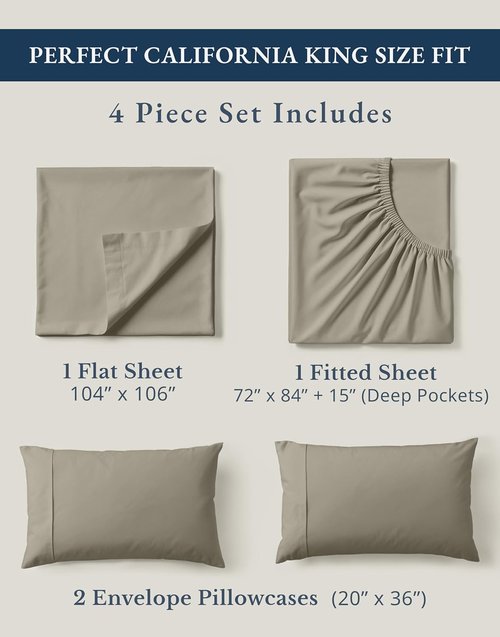 Lane Linen 100% Organic Cotton California King Sheets Set - Naturally Cooling, Machine Washable, Silver