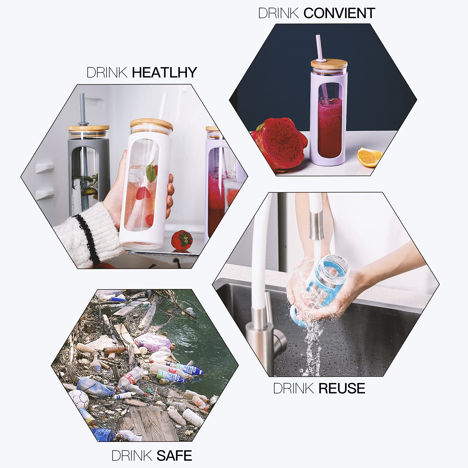 Kodrine 20oz Glass Tumbler with Straw and Lid, Bamboo Lids Water Bottle, Reusable Iced Coffee Cups, Wide Mouth Smoothie Cup with Protective Silicone Sleeve BPA FREE-White+Amber-2pack