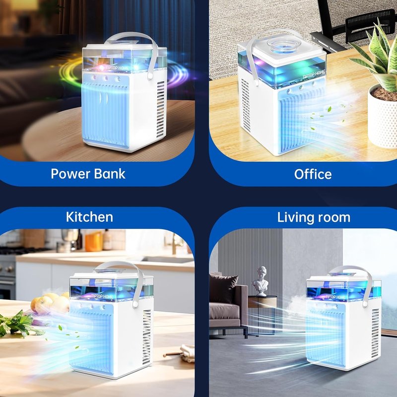 Portable Air Conditioners, 4-IN-1 Evaporative Air Cooler with App Control, 800ml Water Tank, Rechargeable Mini Air Conditioner, 3 Speeds & 3 Mist, Colorful Night Light Cooling Fan