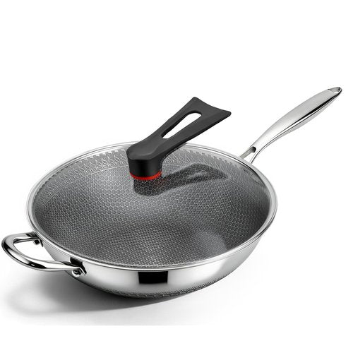 Boryenty Wok Pan 12 Inch with Standing Lid, 18/10 Stainless Steel Honeycomb Wok, Hybrid Stir Fry Pan with Flat Bottom, Physical Non-Stick Structure, Induction Compatible, Dishwasher & Oven Safe