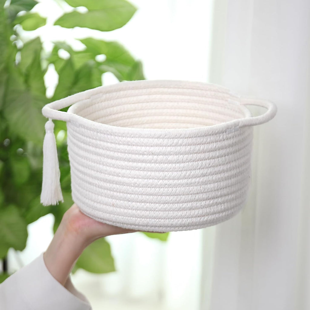 SweetMemo Small White Gift Basket - Decorative Woven Basket for Kids & Baby Showers | Mini Cotton Rope Bin with Handles