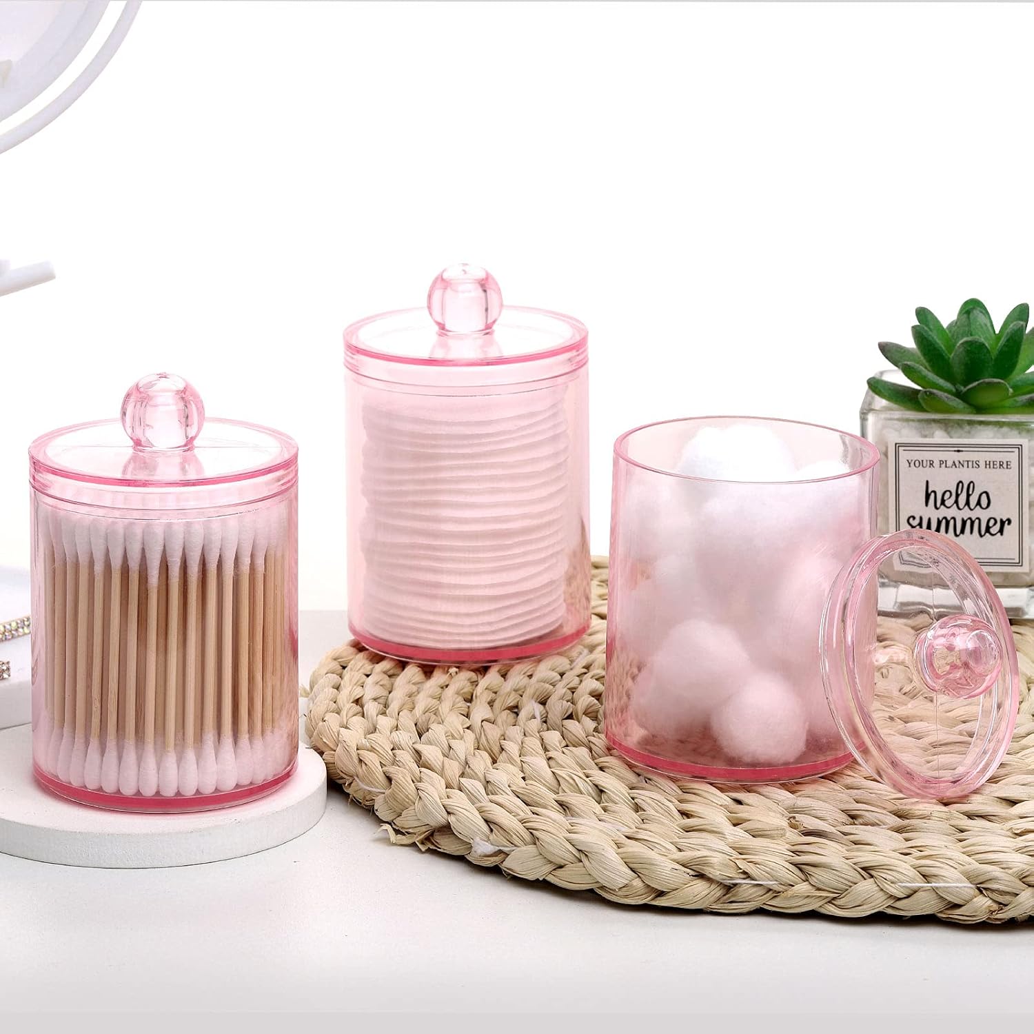 Tbestmax Apothecary Jar - 10 OZ Cotton Ball & Swab Dispenser | Pink Bathroom Organizer (4 Pcs)