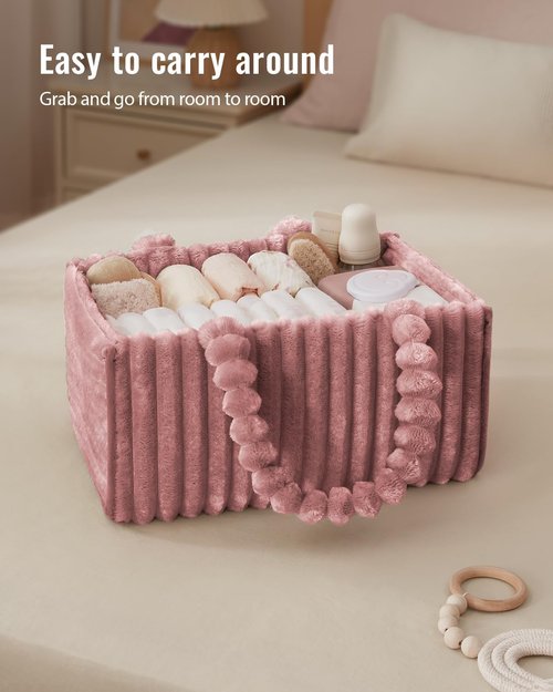 Blissful Diary Flannel Diaper Caddy Organizer - Cozy Plush Pink Nursery Storage Basket for Newborn Essentials