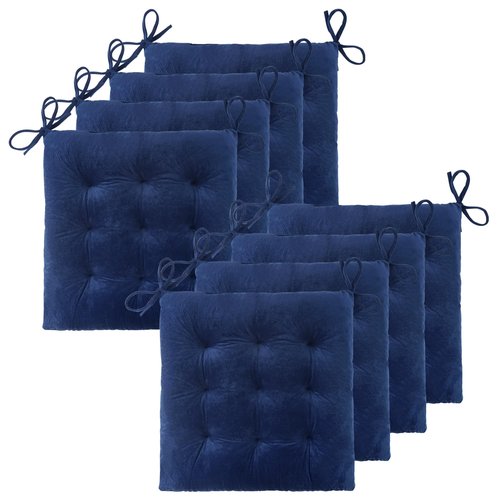 ELFJOY Chair Cushions for Dining Chairs Set of 8 Large Seat Cushions for Office Kitchen Chairs Velvet Soft Chair Pads for Desk Chair with Ties (18"x18" Navy)