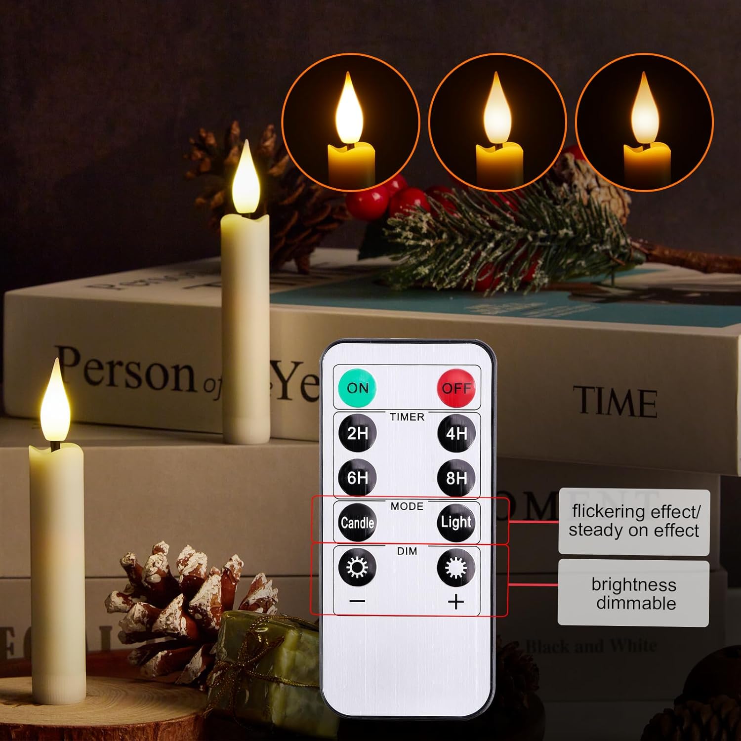 Skiennix 12-Pcs LED Taper Candles Set - Flameless 3D Wick Ivory Design with Remote Timer | Warm White Light