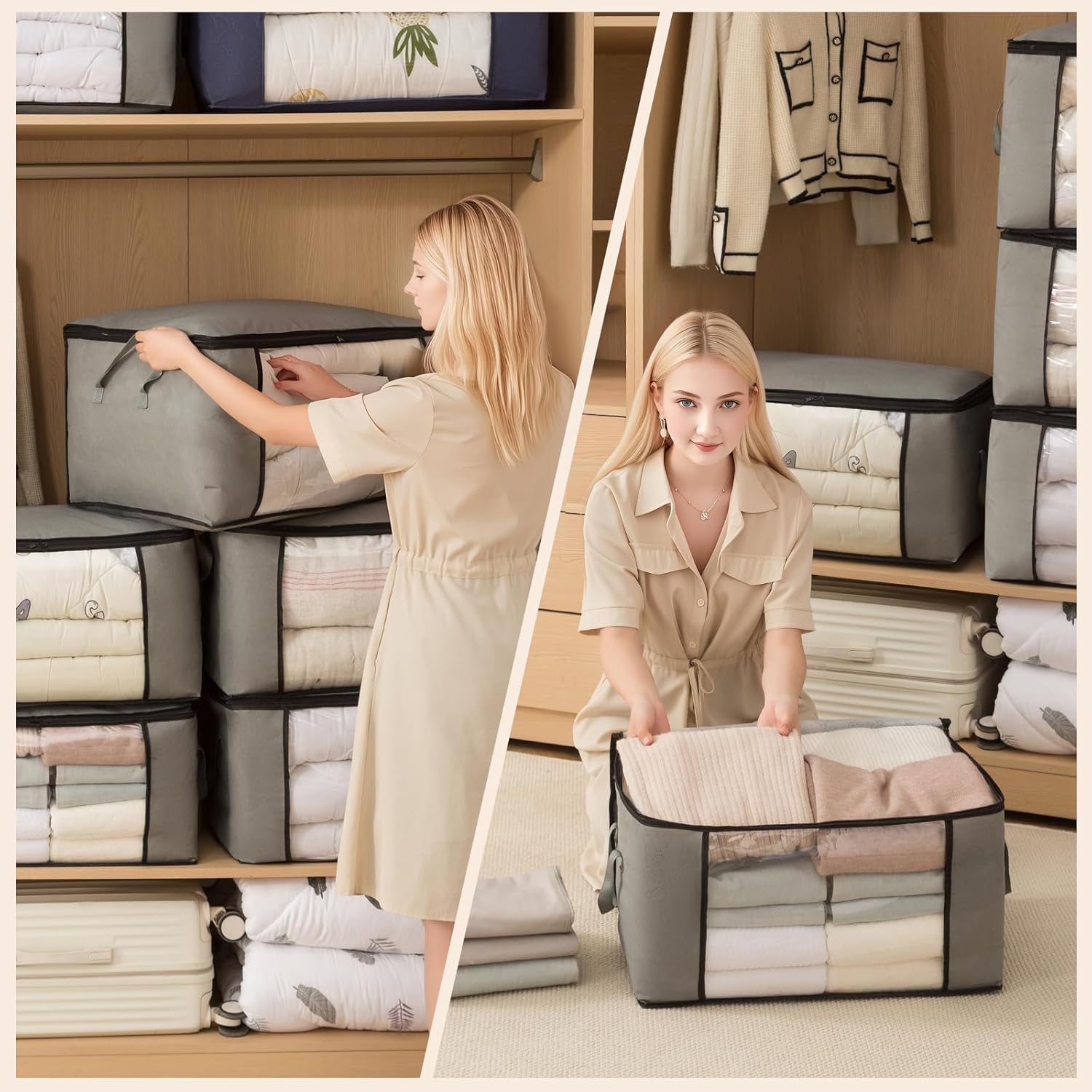 Skiennix Large Storage Bags - Foldable Closet Organizers with Lids & Reinforced Handles | 90L (4 Pack)