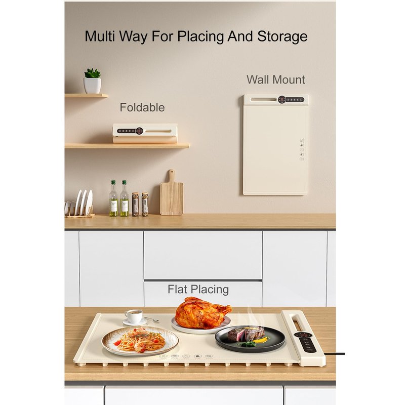 RawecuDex Food Warming Mat 2025, Thicken Fast Heating Silicone Electric Warming Tray, 2 Heating Areas, 7 Level Temperature and 6 Timer, Food Heating Mat for Countertop Parties Home Travel
