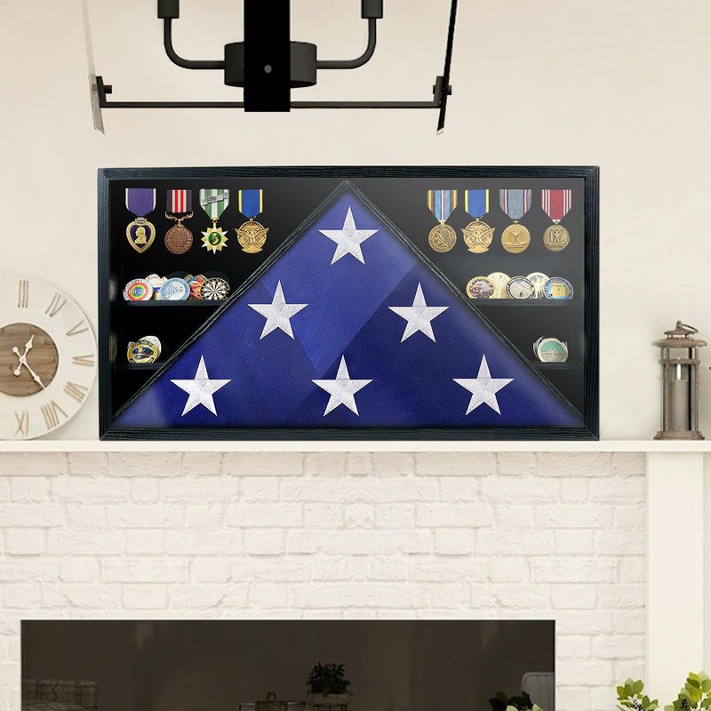 Flag Display Case for Funeral Flag, 5' x 9.5' Military Burial Flag Box with HD Tempered Glass and Removable Dividers, Memorial Flag Frame with Felt Lining for Badges Medals (Black)