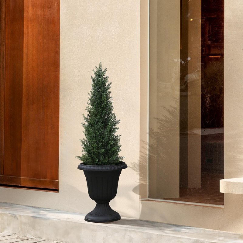 OAKRED Artificial Cedar Topiary Trees for Outdoors 4ft Fake Cypress Plants with Solar Light String, Faux uv Resistant Plants for Home Front Porch Decor，Set of 2