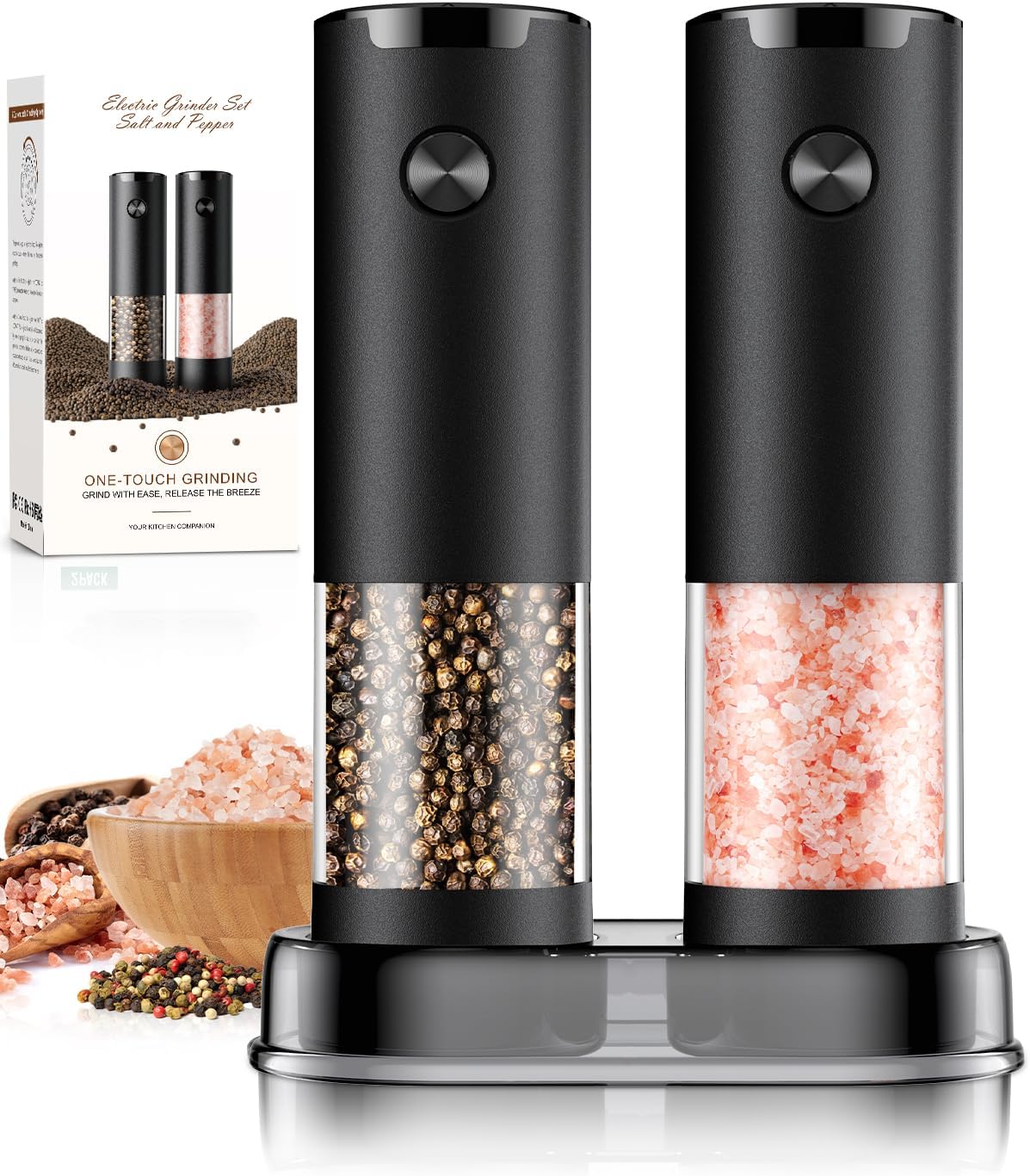 Skiennix Electric Salt and Pepper Grinder Set - Automatic Mill with Adjustable Coarseness | Larger Capacity, LED Light