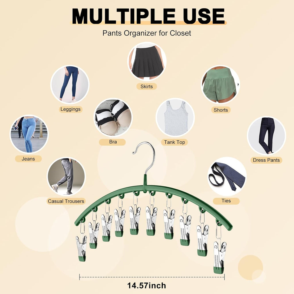 Skiennix Legging Organizer - Metal Yoga Pants Hangers with 10 Clips | Space-Saving Closet Storage, Green